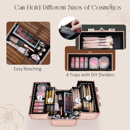 Makeup Train Case Cosmetic Box Portable Makeup Case Organizer 4 Trays Travel Case Storage with Dividers Lockable for Make up Artist Crafter Nail Kits Tools Black Floral