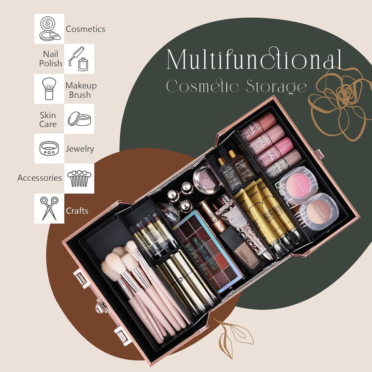 Makeup Train Case Cosmetic Box Portable Makeup Case Organizer 4 Trays Travel Case Storage with Dividers Lockable for Make up Artist Crafter Nail Kits Tools Black Floral