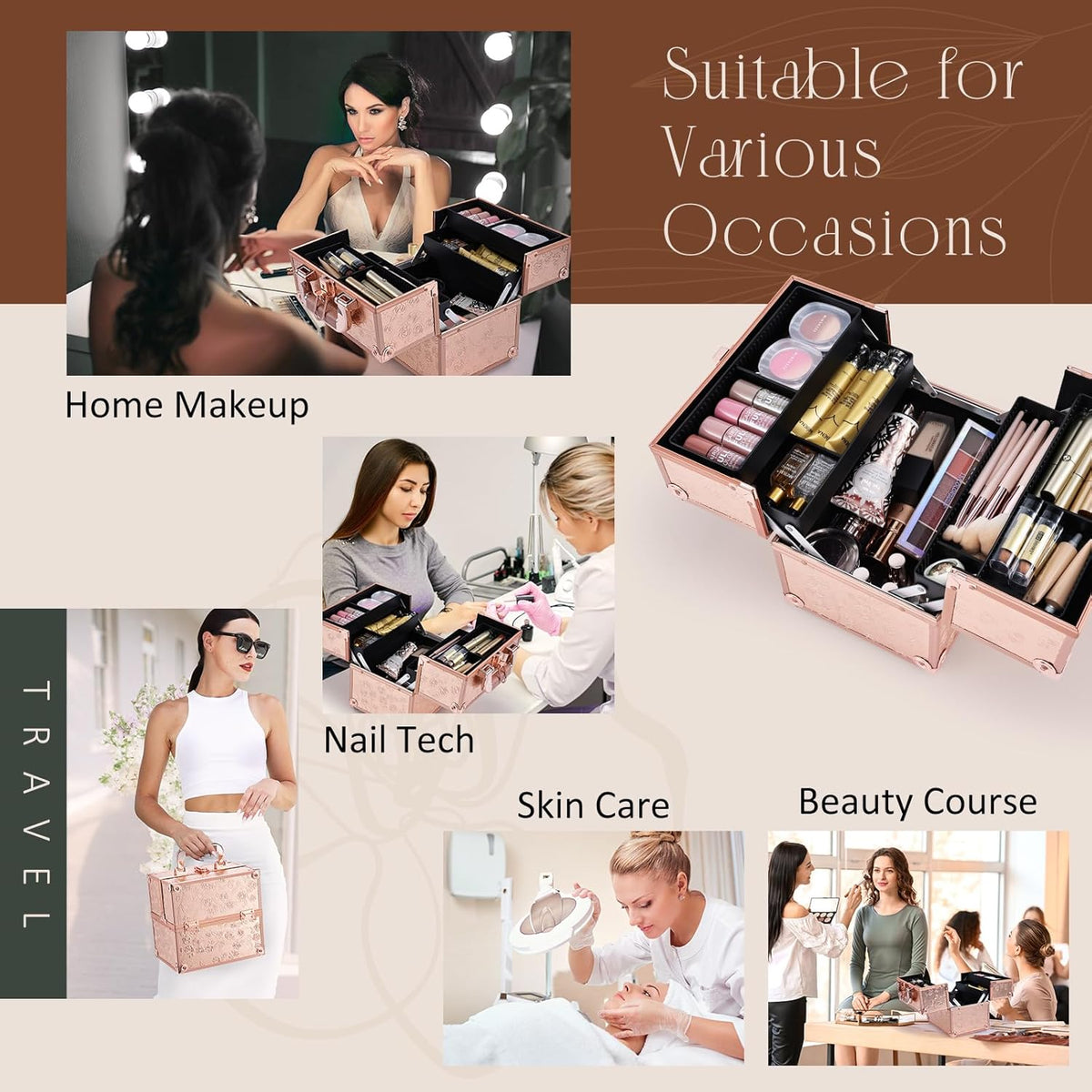 Makeup Train Case Cosmetic Box Portable Makeup Case Organizer 4 Trays Travel Case Storage with Dividers Lockable for Make up Artist Crafter Nail Kits Tools Black Floral