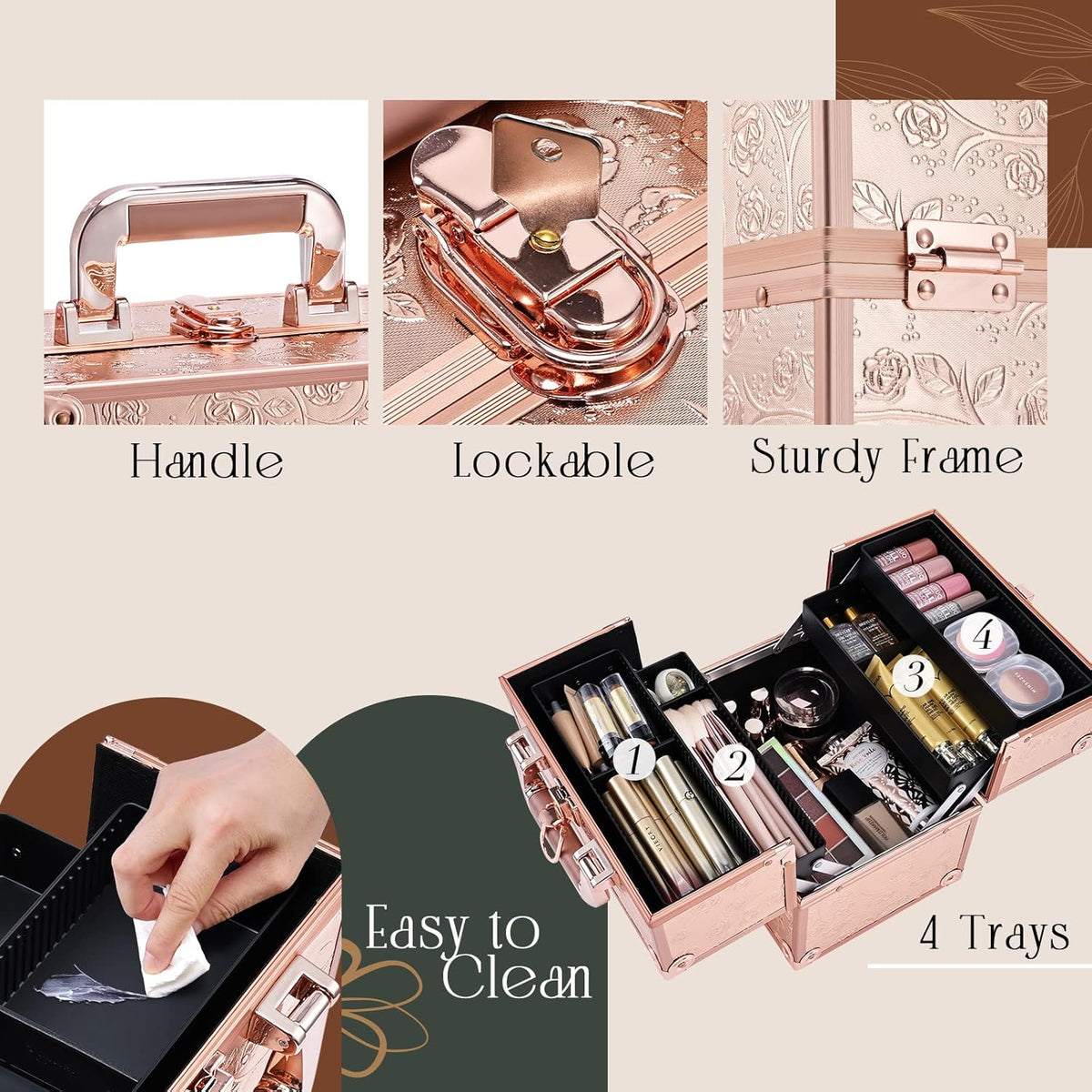 Makeup Train Case Cosmetic Box Portable Makeup Case Organizer 4 Trays Travel Case Storage with Dividers Lockable for Make up Artist Crafter Nail Kits Tools Black Floral