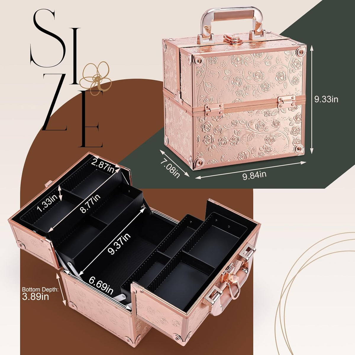 Makeup Train Case Cosmetic Box Portable Makeup Case Organizer 4 Trays Travel Case Storage with Dividers Lockable for Make up Artist Crafter Nail Kits Tools Black Floral