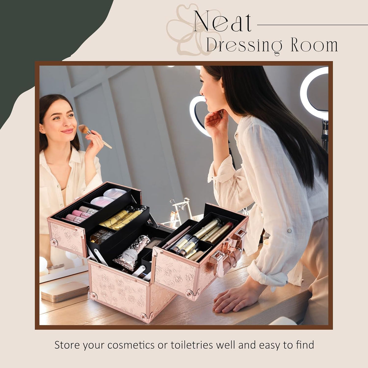 Makeup Train Case Cosmetic Box Portable Makeup Case Organizer 4 Trays Travel Case Storage with Dividers Lockable for Make up Artist Crafter Nail Kits Tools Black Floral