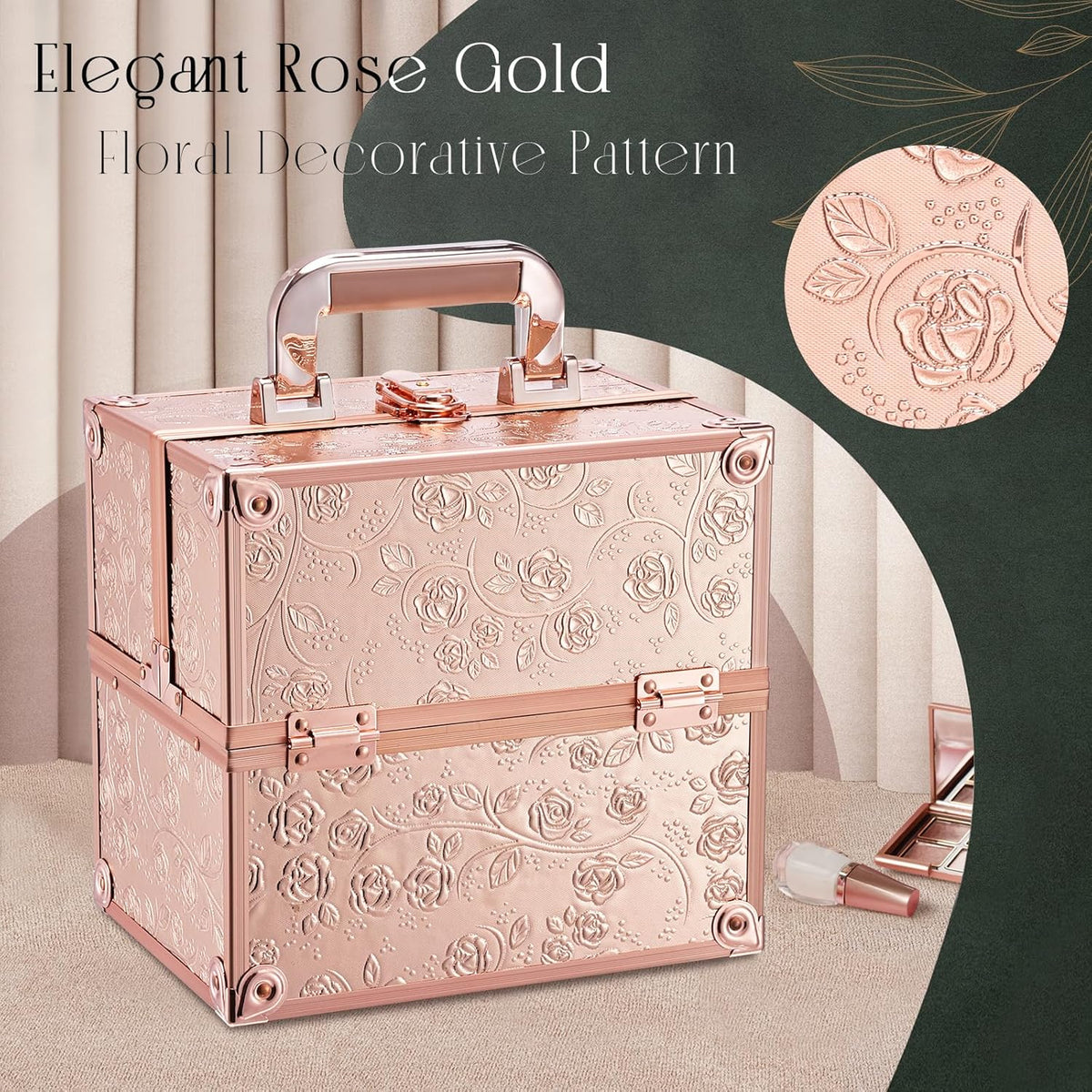 Makeup Train Case Cosmetic Box Portable Makeup Case Organizer 4 Trays Travel Case Storage with Dividers Lockable for Make up Artist Crafter Nail Kits Tools Black Floral