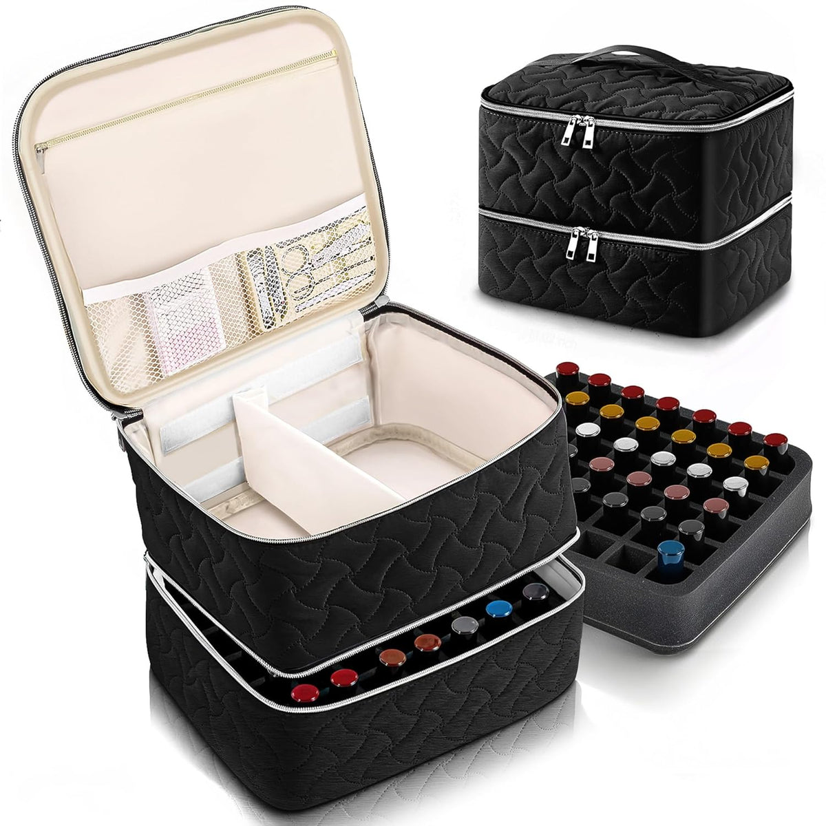 Nail Polish Organizer Case Holds 42 Bottles, Portable Double-Layer Nail Polish Storage Bag with Adjustable Dividers for Manicure Tools, Light Blue