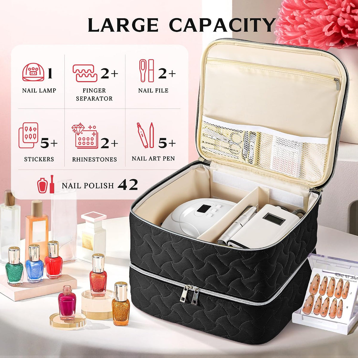 Nail Polish Organizer Case Holds 42 Bottles, Portable Double-Layer Nail Polish Storage Bag with Adjustable Dividers for Manicure Tools, Light Blue