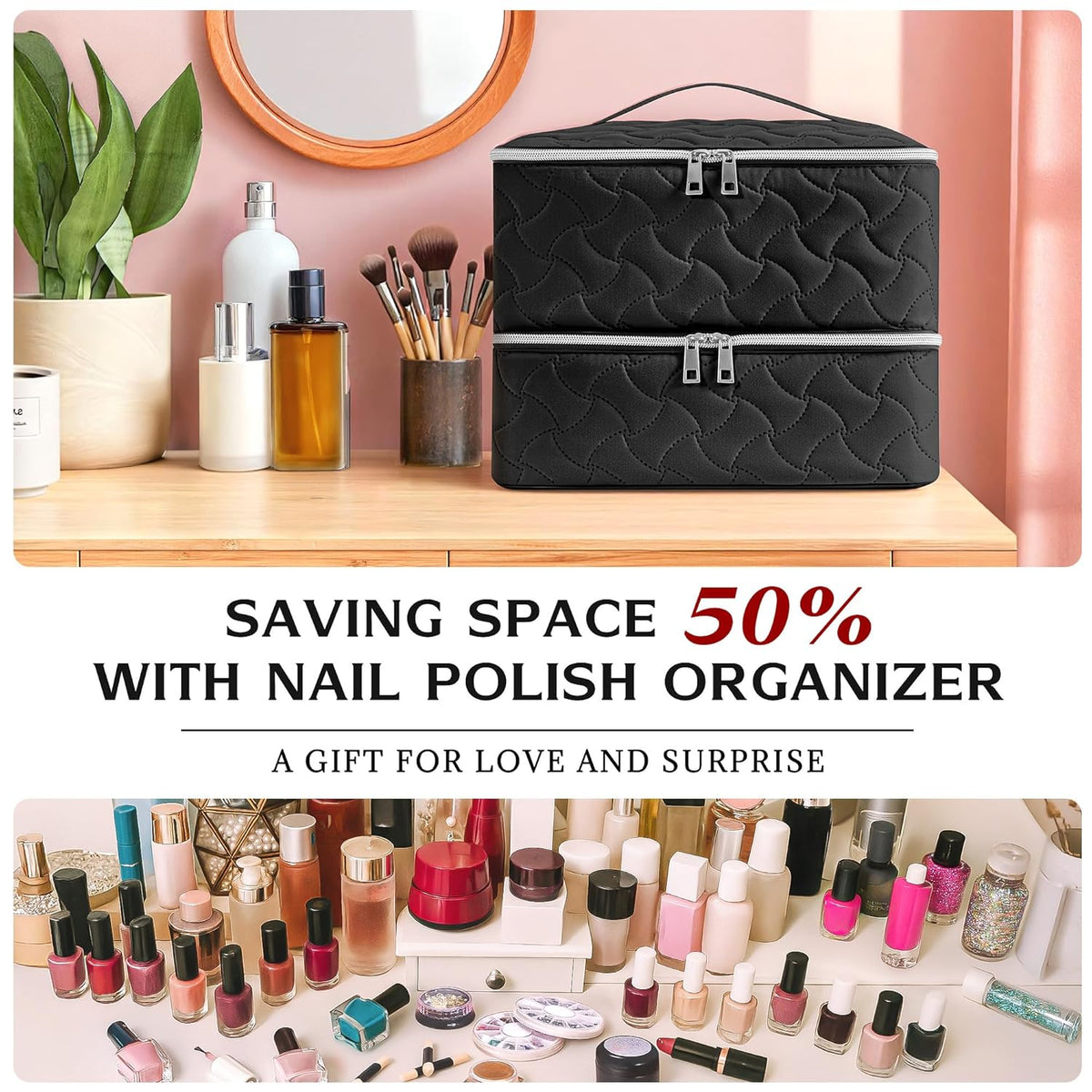Nail Polish Organizer Case Holds 42 Bottles, Portable Double-Layer Nail Polish Storage Bag with Adjustable Dividers for Manicure Tools, Light Blue