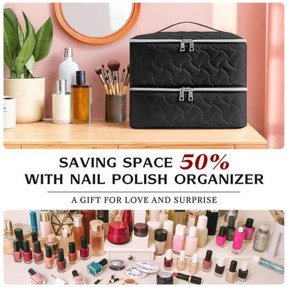Nail Polish Organizer Case Holds 42 Bottles, Portable Double-Layer Nail Polish Storage Bag with Adjustable Dividers for Manicure Tools, Light Blue