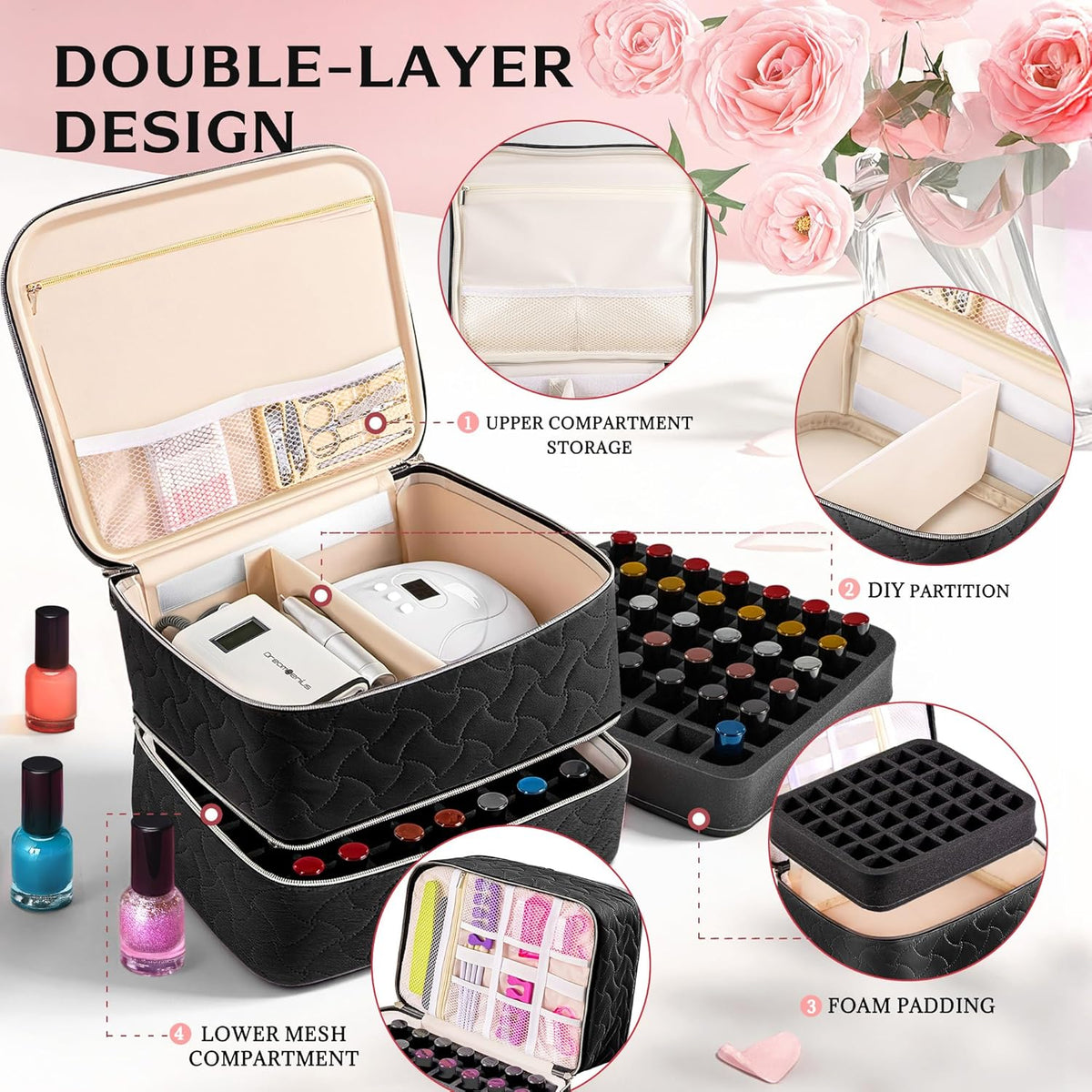 Nail Polish Organizer Case Holds 42 Bottles, Portable Double-Layer Nail Polish Storage Bag with Adjustable Dividers for Manicure Tools, Light Blue