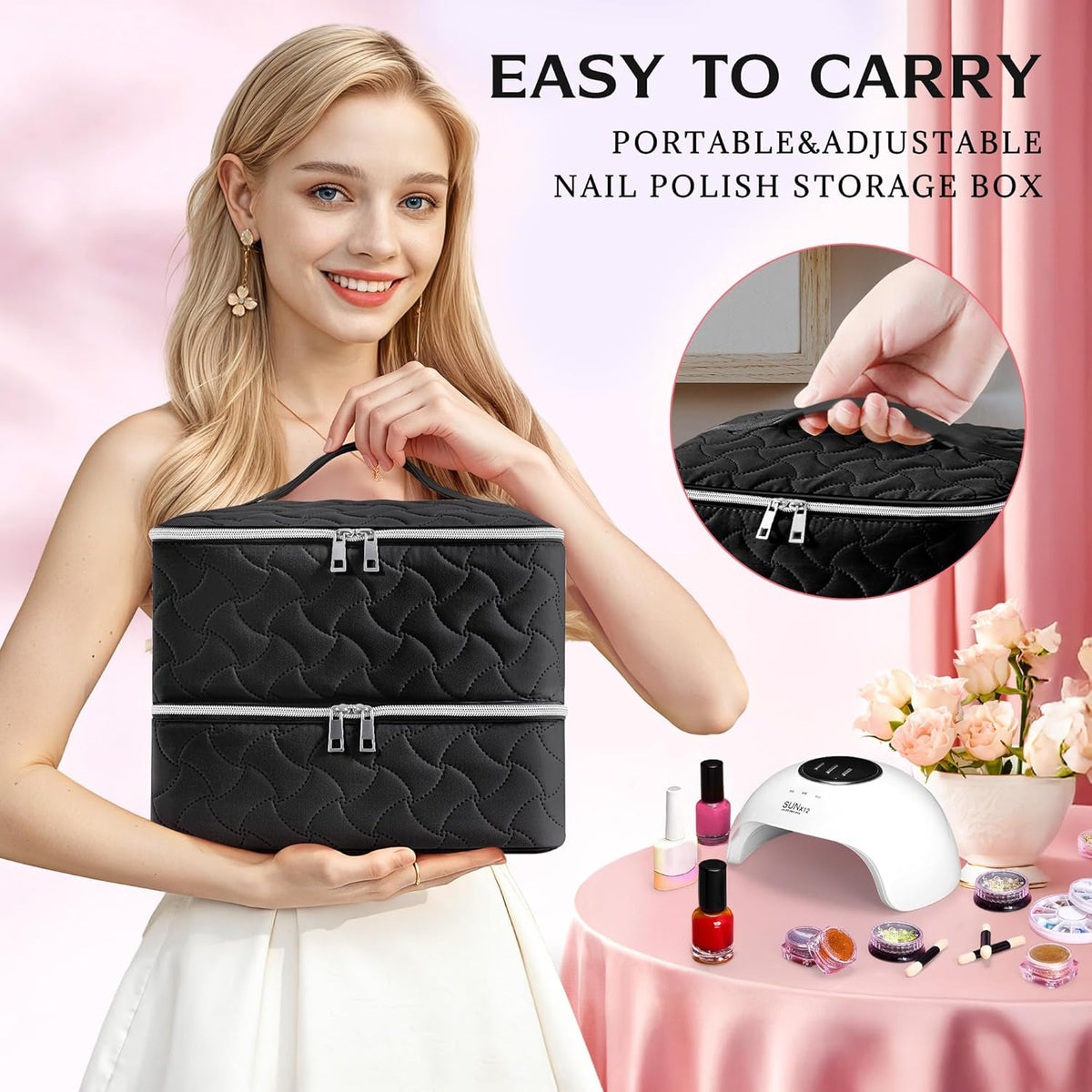 Nail Polish Organizer Case Holds 42 Bottles, Portable Double-Layer Nail Polish Storage Bag with Adjustable Dividers for Manicure Tools, Light Blue
