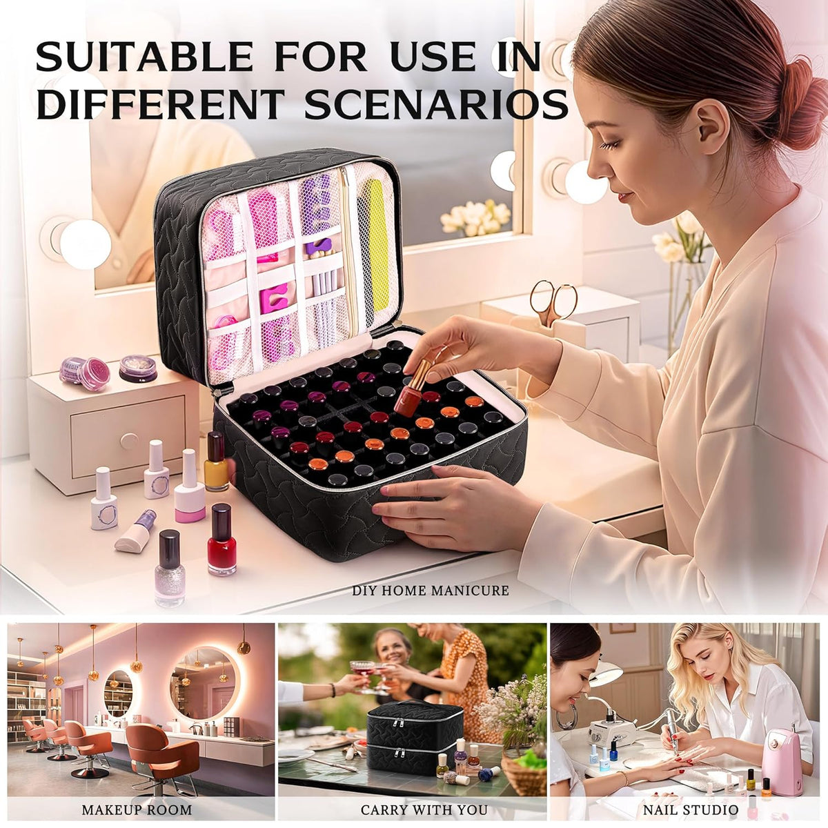 Nail Polish Organizer Case Holds 42 Bottles, Portable Double-Layer Nail Polish Storage Bag with Adjustable Dividers for Manicure Tools, Light Blue