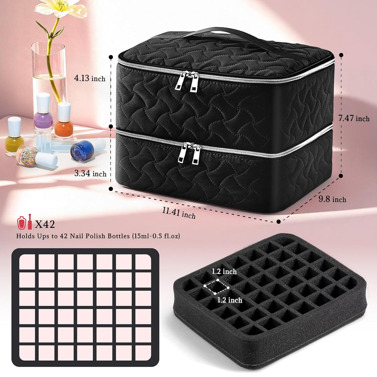 Nail Polish Organizer Case Holds 42 Bottles, Portable Double-Layer Nail Polish Storage Bag with Adjustable Dividers for Manicure Tools, Light Blue