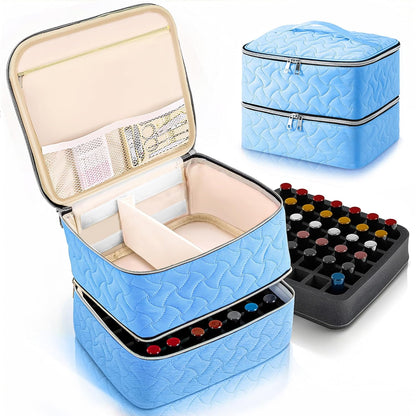 Nail Polish Organizer Case Holds 42 Bottles, Portable Double-Layer Nail Polish Storage Bag with Adjustable Dividers for Manicure Tools, Light Blue