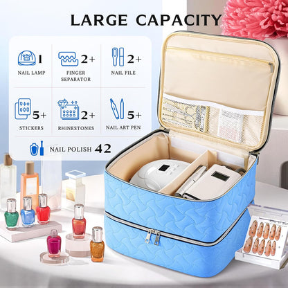 Nail Polish Organizer Case Holds 42 Bottles, Portable Double-Layer Nail Polish Storage Bag with Adjustable Dividers for Manicure Tools, Light Blue