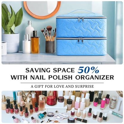 Nail Polish Organizer Case Holds 42 Bottles, Portable Double-Layer Nail Polish Storage Bag with Adjustable Dividers for Manicure Tools, Light Blue