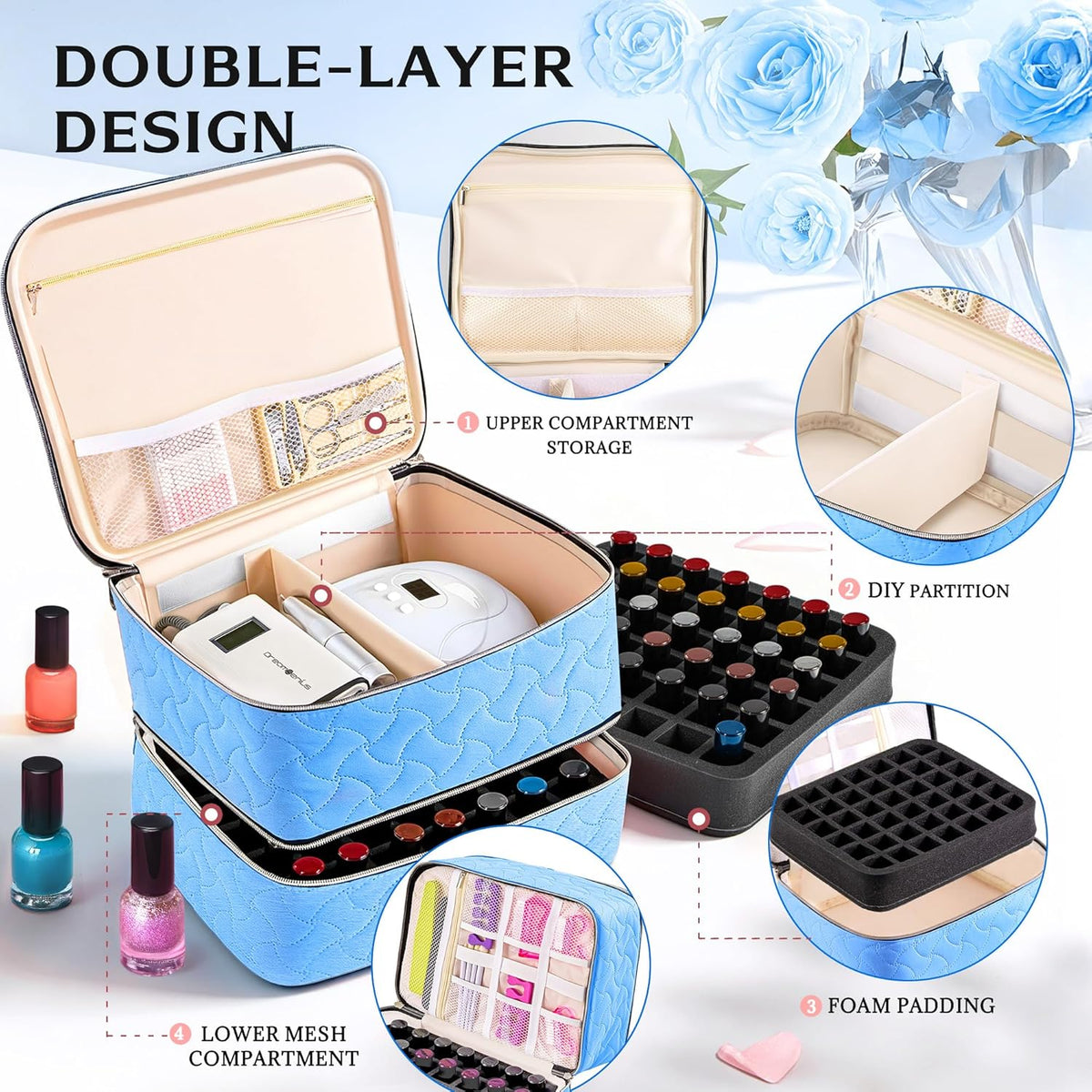 Nail Polish Organizer Case Holds 42 Bottles, Portable Double-Layer Nail Polish Storage Bag with Adjustable Dividers for Manicure Tools, Light Blue
