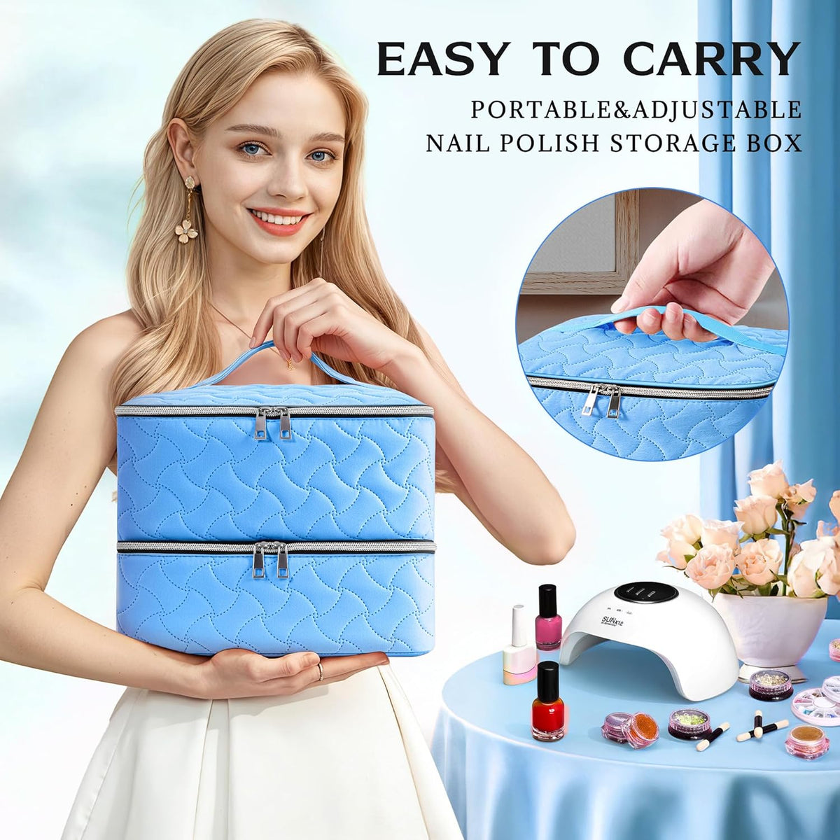 Nail Polish Organizer Case Holds 42 Bottles, Portable Double-Layer Nail Polish Storage Bag with Adjustable Dividers for Manicure Tools, Light Blue