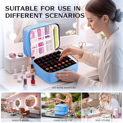 Nail Polish Organizer Case Holds 42 Bottles, Portable Double-Layer Nail Polish Storage Bag with Adjustable Dividers for Manicure Tools, Light Blue