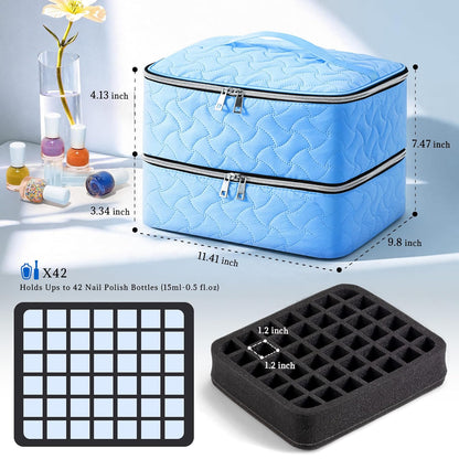 Nail Polish Organizer Case Holds 42 Bottles, Portable Double-Layer Nail Polish Storage Bag with Adjustable Dividers for Manicure Tools, Light Blue
