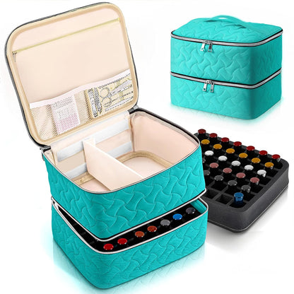 Nail Polish Organizer Case Holds 42 Bottles, Portable Double-Layer Nail Polish Storage Bag with Adjustable Dividers for Manicure Tools, Light Blue