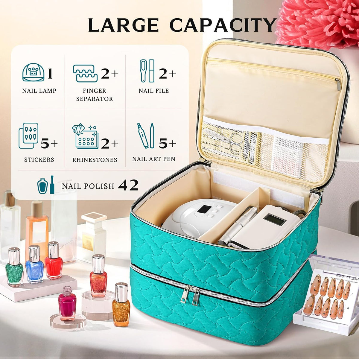 Nail Polish Organizer Case Holds 42 Bottles, Portable Double-Layer Nail Polish Storage Bag with Adjustable Dividers for Manicure Tools, Light Blue
