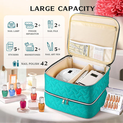 Nail Polish Organizer Case Holds 42 Bottles, Portable Double-Layer Nail Polish Storage Bag with Adjustable Dividers for Manicure Tools, Light Blue