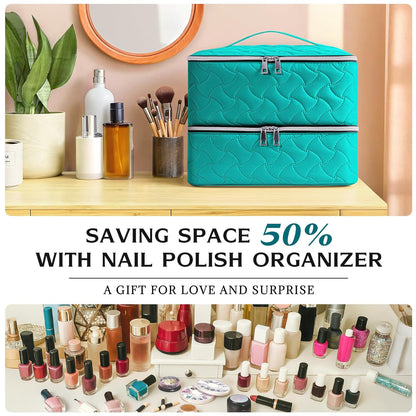 Nail Polish Organizer Case Holds 42 Bottles, Portable Double-Layer Nail Polish Storage Bag with Adjustable Dividers for Manicure Tools, Light Blue
