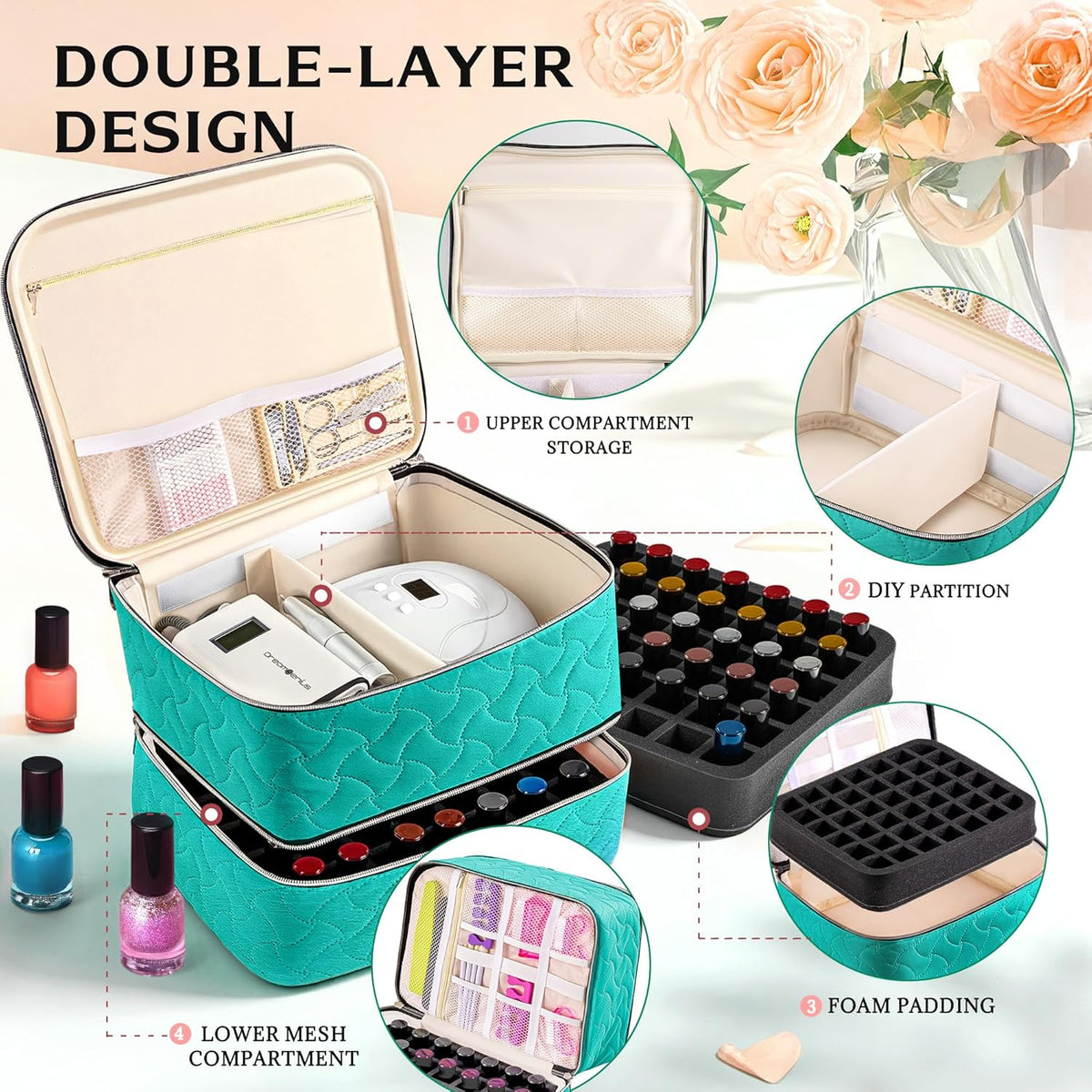 Nail Polish Organizer Case Holds 42 Bottles, Portable Double-Layer Nail Polish Storage Bag with Adjustable Dividers for Manicure Tools, Light Blue