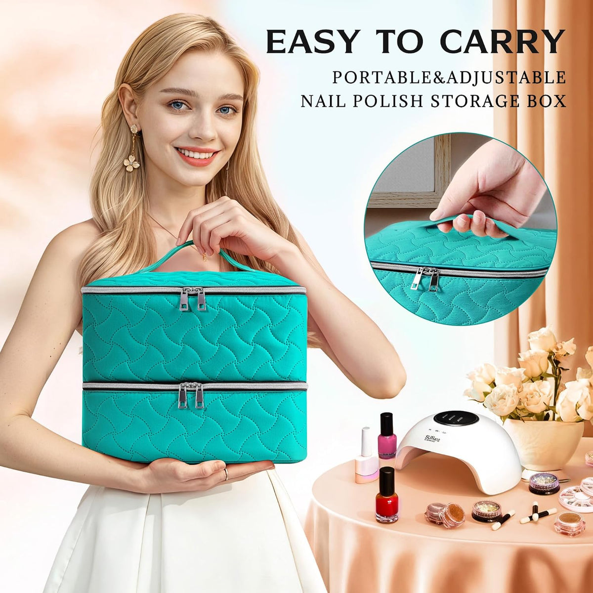 Nail Polish Organizer Case Holds 42 Bottles, Portable Double-Layer Nail Polish Storage Bag with Adjustable Dividers for Manicure Tools, Light Blue