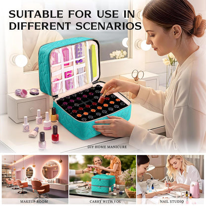 Nail Polish Organizer Case Holds 42 Bottles, Portable Double-Layer Nail Polish Storage Bag with Adjustable Dividers for Manicure Tools, Light Blue