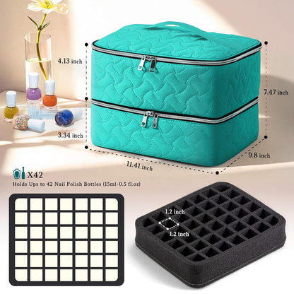 Nail Polish Organizer Case Holds 42 Bottles, Portable Double-Layer Nail Polish Storage Bag with Adjustable Dividers for Manicure Tools, Light Blue