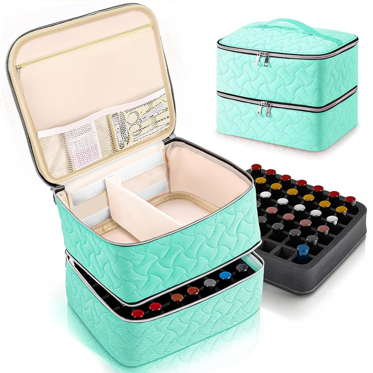 Nail Polish Organizer Case Holds 42 Bottles, Portable Double-Layer Nail Polish Storage Bag with Adjustable Dividers for Manicure Tools, Light Blue