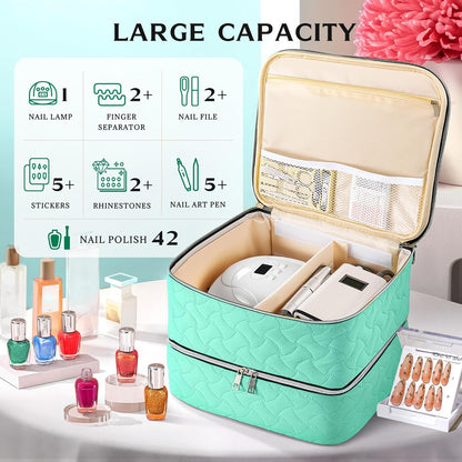 Nail Polish Organizer Case Holds 42 Bottles, Portable Double-Layer Nail Polish Storage Bag with Adjustable Dividers for Manicure Tools, Light Blue
