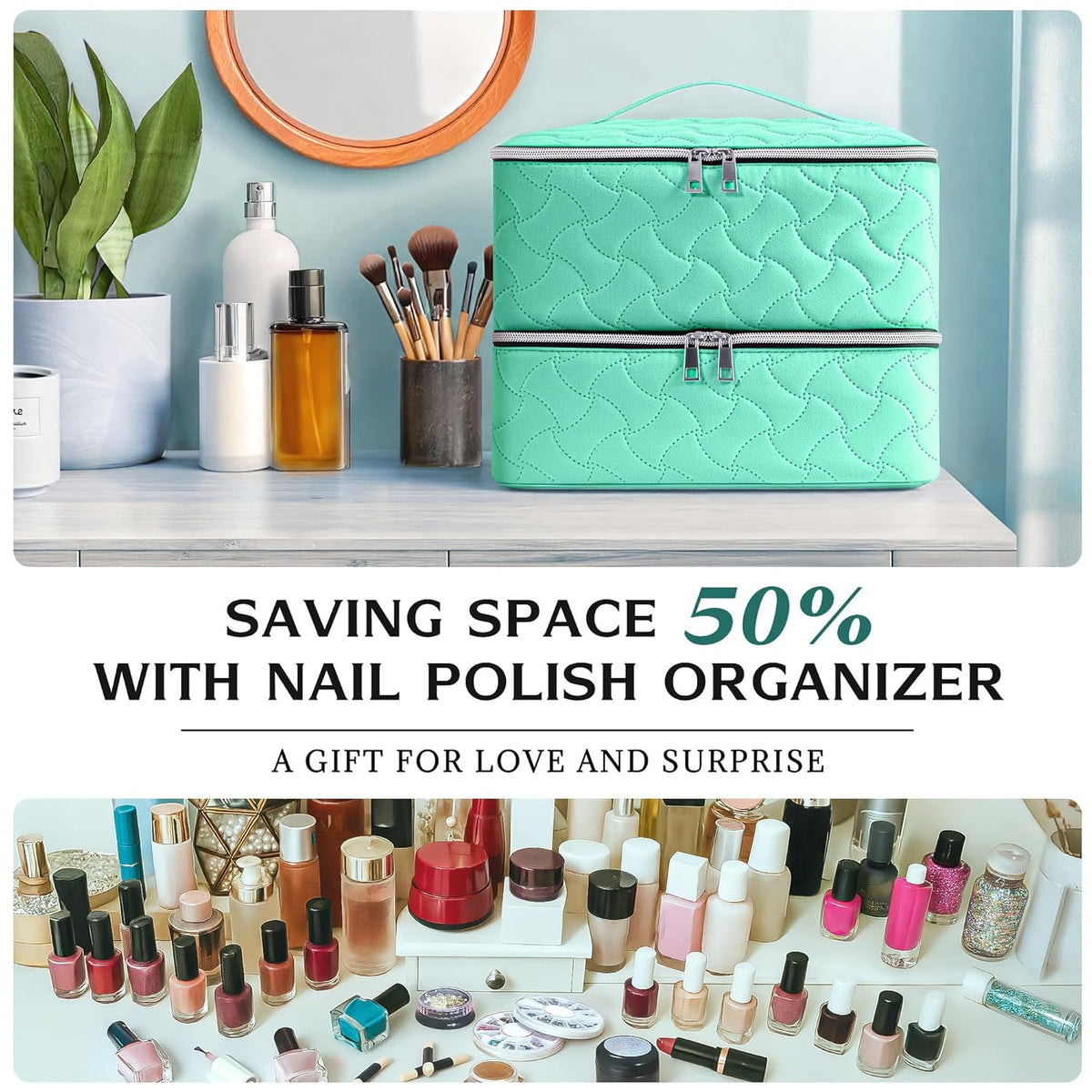 Nail Polish Organizer Case Holds 42 Bottles, Portable Double-Layer Nail Polish Storage Bag with Adjustable Dividers for Manicure Tools, Light Blue