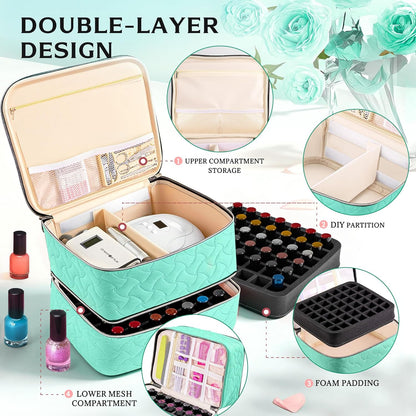 Nail Polish Organizer Case Holds 42 Bottles, Portable Double-Layer Nail Polish Storage Bag with Adjustable Dividers for Manicure Tools, Light Blue