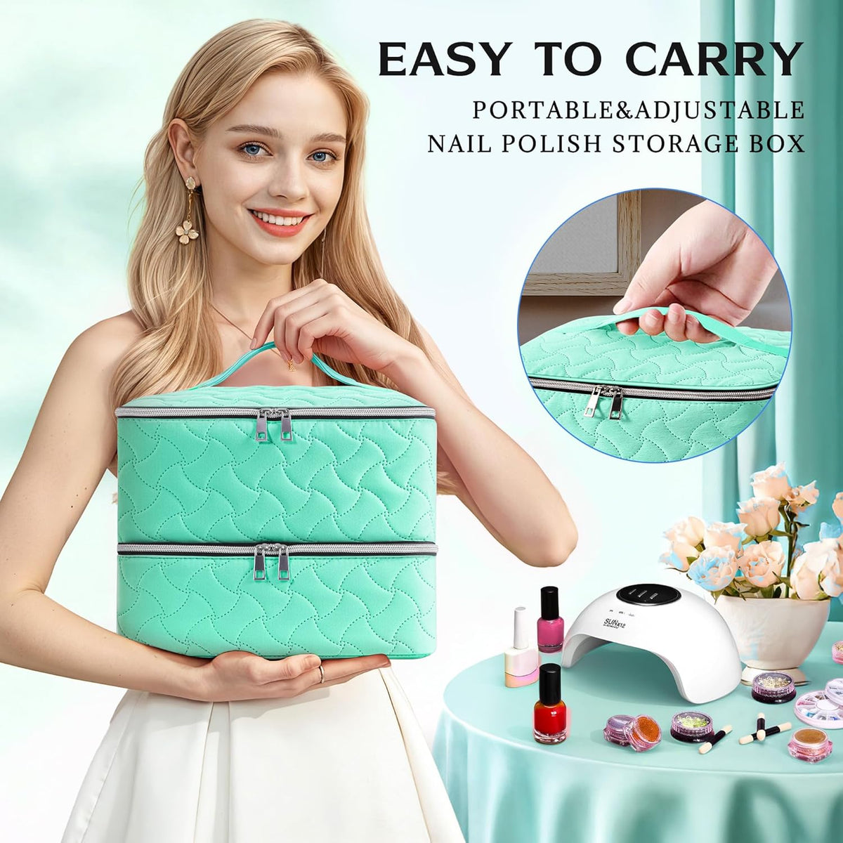 Nail Polish Organizer Case Holds 42 Bottles, Portable Double-Layer Nail Polish Storage Bag with Adjustable Dividers for Manicure Tools, Light Blue