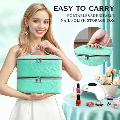 Nail Polish Organizer Case Holds 42 Bottles, Portable Double-Layer Nail Polish Storage Bag with Adjustable Dividers for Manicure Tools, Light Blue