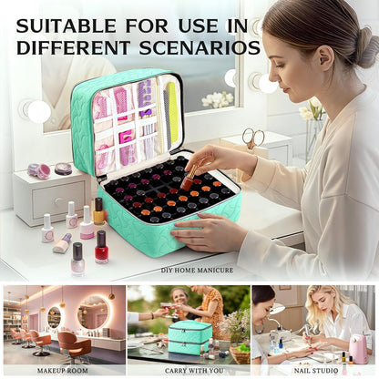 Nail Polish Organizer Case Holds 42 Bottles, Portable Double-Layer Nail Polish Storage Bag with Adjustable Dividers for Manicure Tools, Light Blue