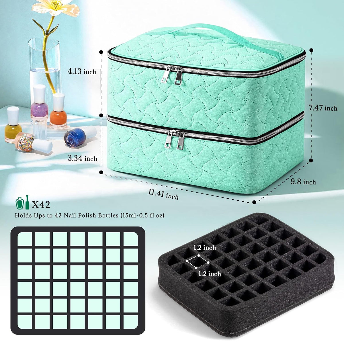 Nail Polish Organizer Case Holds 42 Bottles, Portable Double-Layer Nail Polish Storage Bag with Adjustable Dividers for Manicure Tools, Light Blue