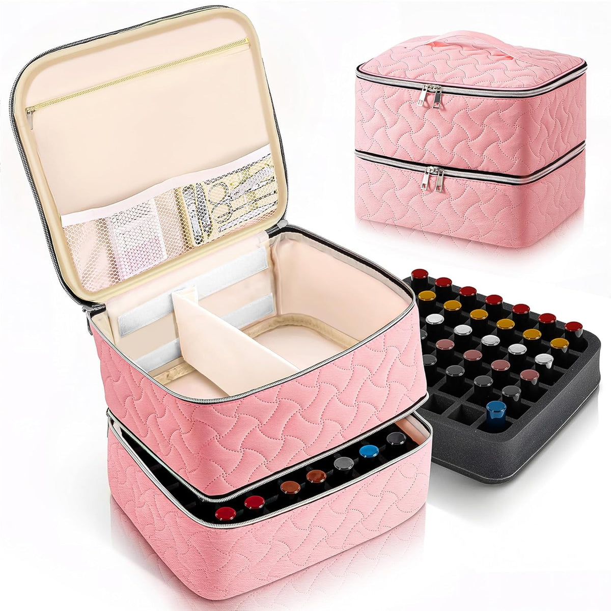 Nail Polish Organizer Case Holds 42 Bottles, Portable Double-Layer Nail Polish Storage Bag with Adjustable Dividers for Manicure Tools, Light Blue
