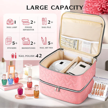Nail Polish Organizer Case Holds 42 Bottles, Portable Double-Layer Nail Polish Storage Bag with Adjustable Dividers for Manicure Tools, Light Blue