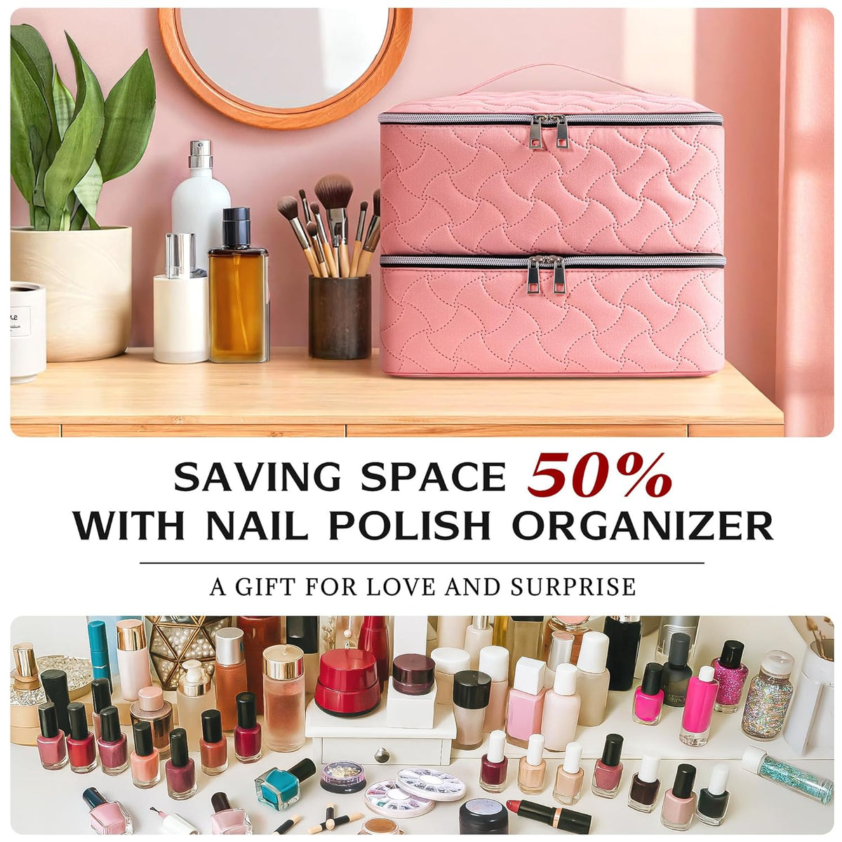 Nail Polish Organizer Case Holds 42 Bottles, Portable Double-Layer Nail Polish Storage Bag with Adjustable Dividers for Manicure Tools, Light Blue