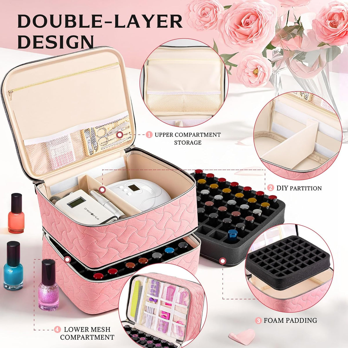 Nail Polish Organizer Case Holds 42 Bottles, Portable Double-Layer Nail Polish Storage Bag with Adjustable Dividers for Manicure Tools, Light Blue