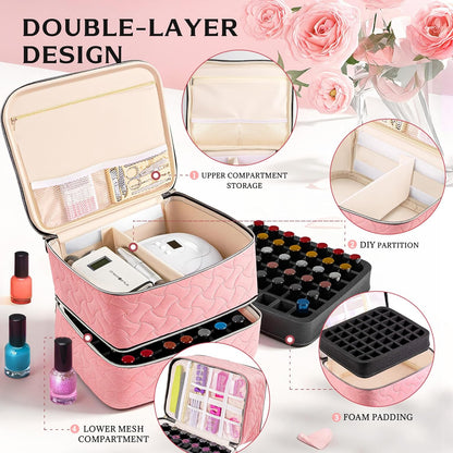 Nail Polish Organizer Case Holds 42 Bottles, Portable Double-Layer Nail Polish Storage Bag with Adjustable Dividers for Manicure Tools, Light Blue
