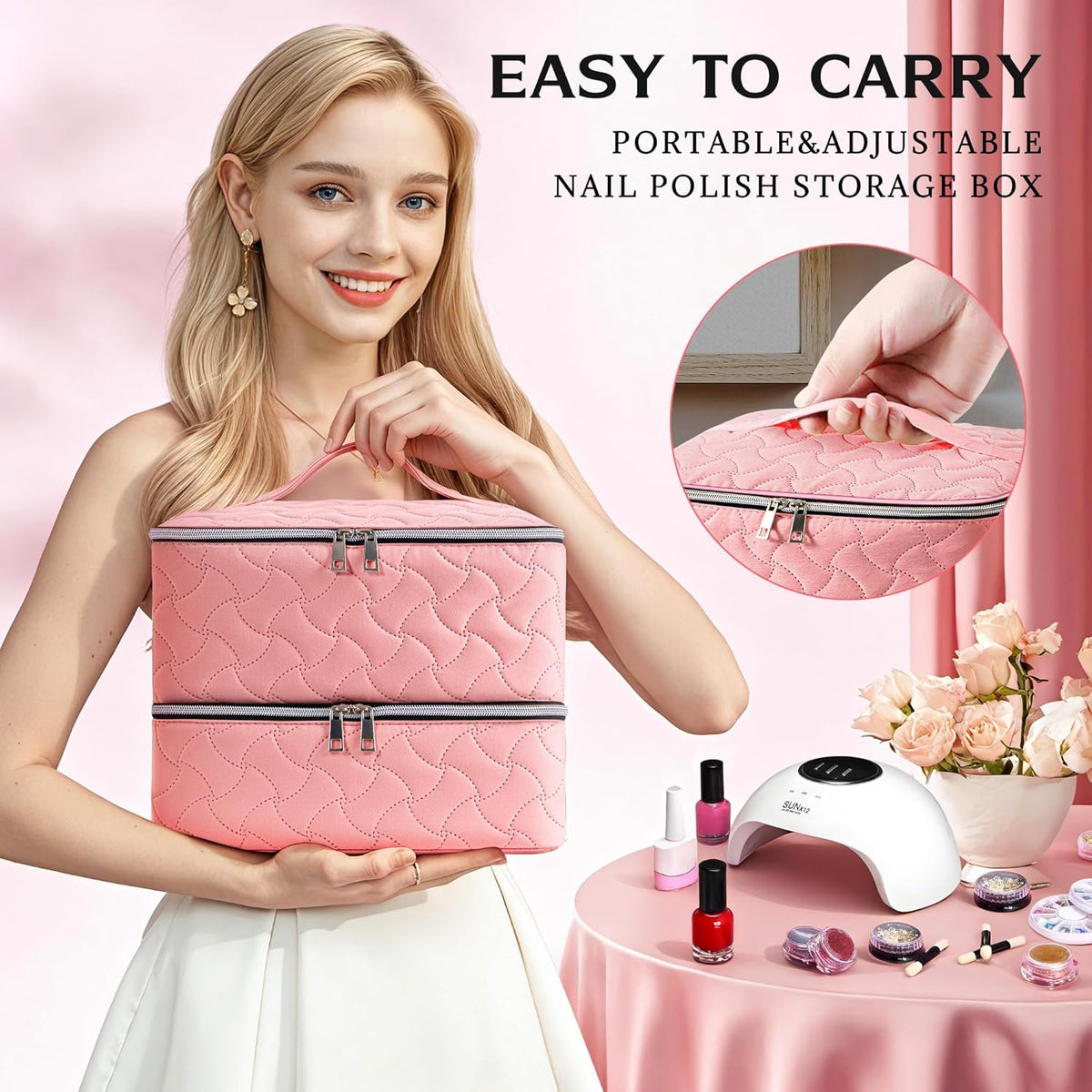 Nail Polish Organizer Case Holds 42 Bottles, Portable Double-Layer Nail Polish Storage Bag with Adjustable Dividers for Manicure Tools, Light Blue