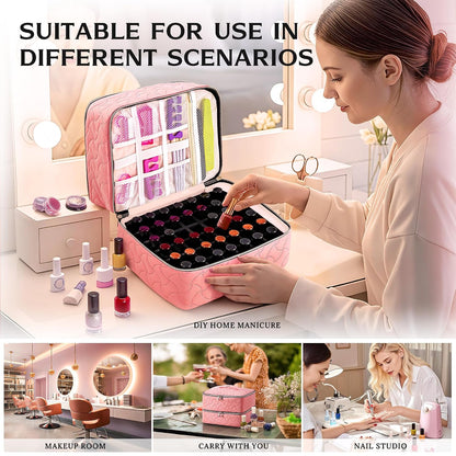 Nail Polish Organizer Case Holds 42 Bottles, Portable Double-Layer Nail Polish Storage Bag with Adjustable Dividers for Manicure Tools, Light Blue