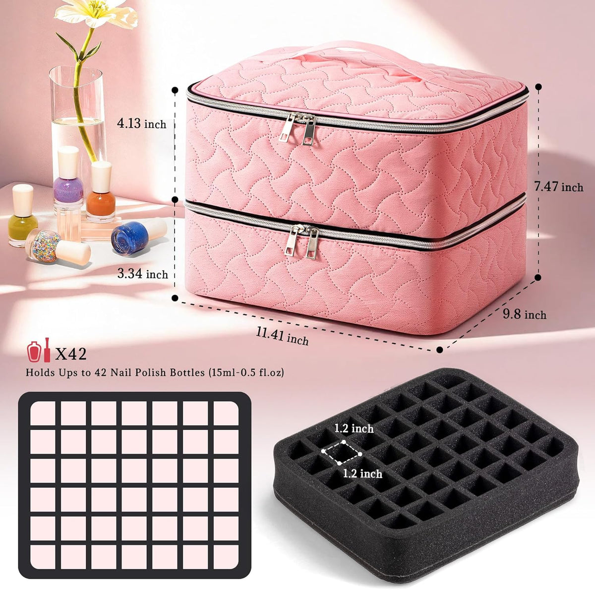 Nail Polish Organizer Case Holds 42 Bottles, Portable Double-Layer Nail Polish Storage Bag with Adjustable Dividers for Manicure Tools, Light Blue