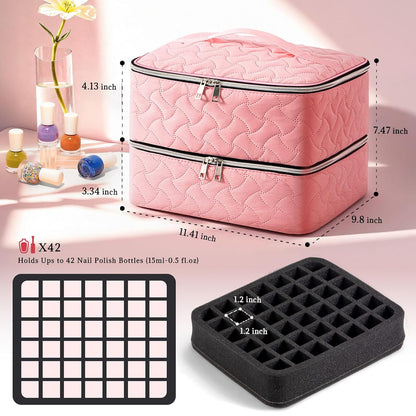 Nail Polish Organizer Case Holds 42 Bottles, Portable Double-Layer Nail Polish Storage Bag with Adjustable Dividers for Manicure Tools, Light Blue