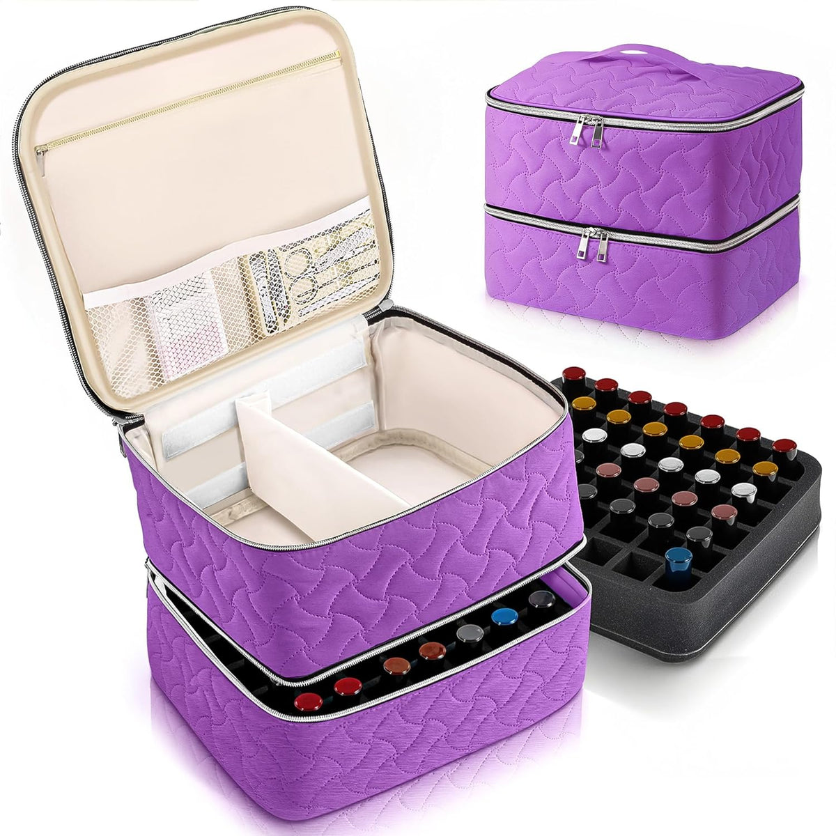 Nail Polish Organizer Case Holds 42 Bottles, Portable Double-Layer Nail Polish Storage Bag with Adjustable Dividers for Manicure Tools, Light Blue