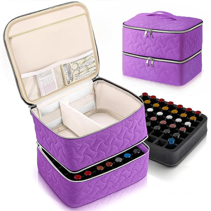 Nail Polish Organizer Case Holds 42 Bottles, Portable Double-Layer Nail Polish Storage Bag with Adjustable Dividers for Manicure Tools, Light Blue