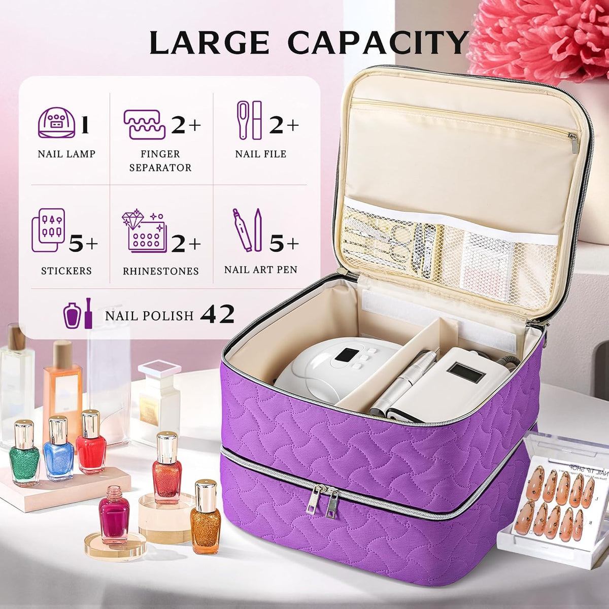 Nail Polish Organizer Case Holds 42 Bottles, Portable Double-Layer Nail Polish Storage Bag with Adjustable Dividers for Manicure Tools, Light Blue